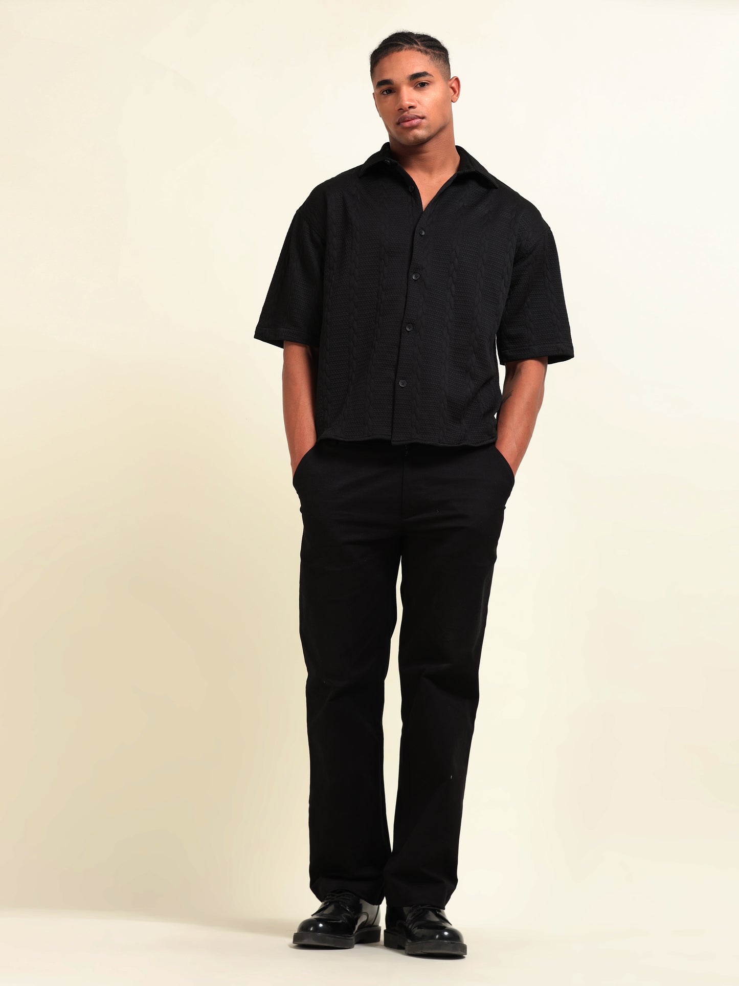 Men’s Black Arabic Stripes Shirt – Casual Fit with Textured Design - D&K LUXUR