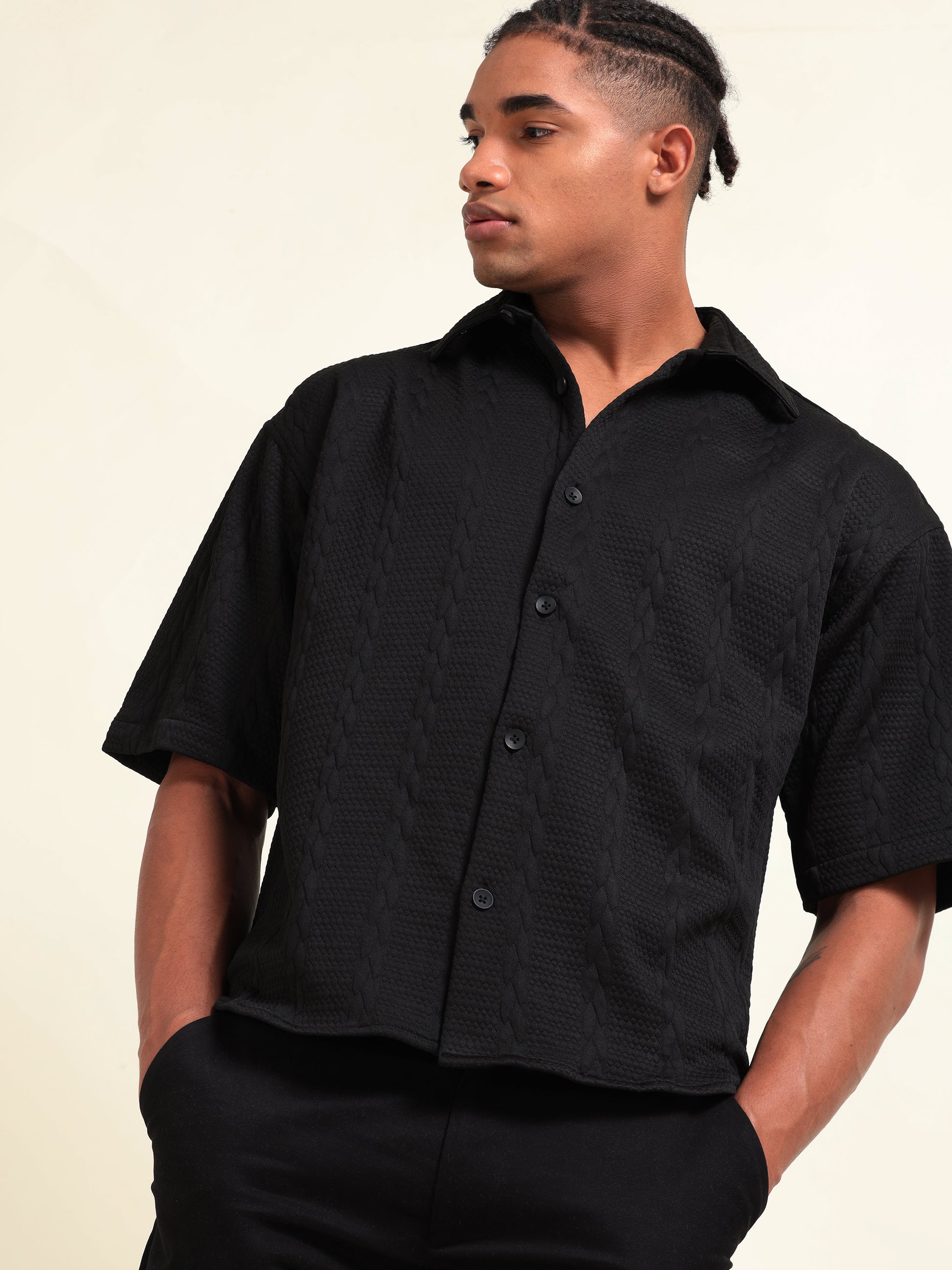Men’s Black Arabic Stripes Shirt – Casual Fit with Textured Design - D&K LUXUR