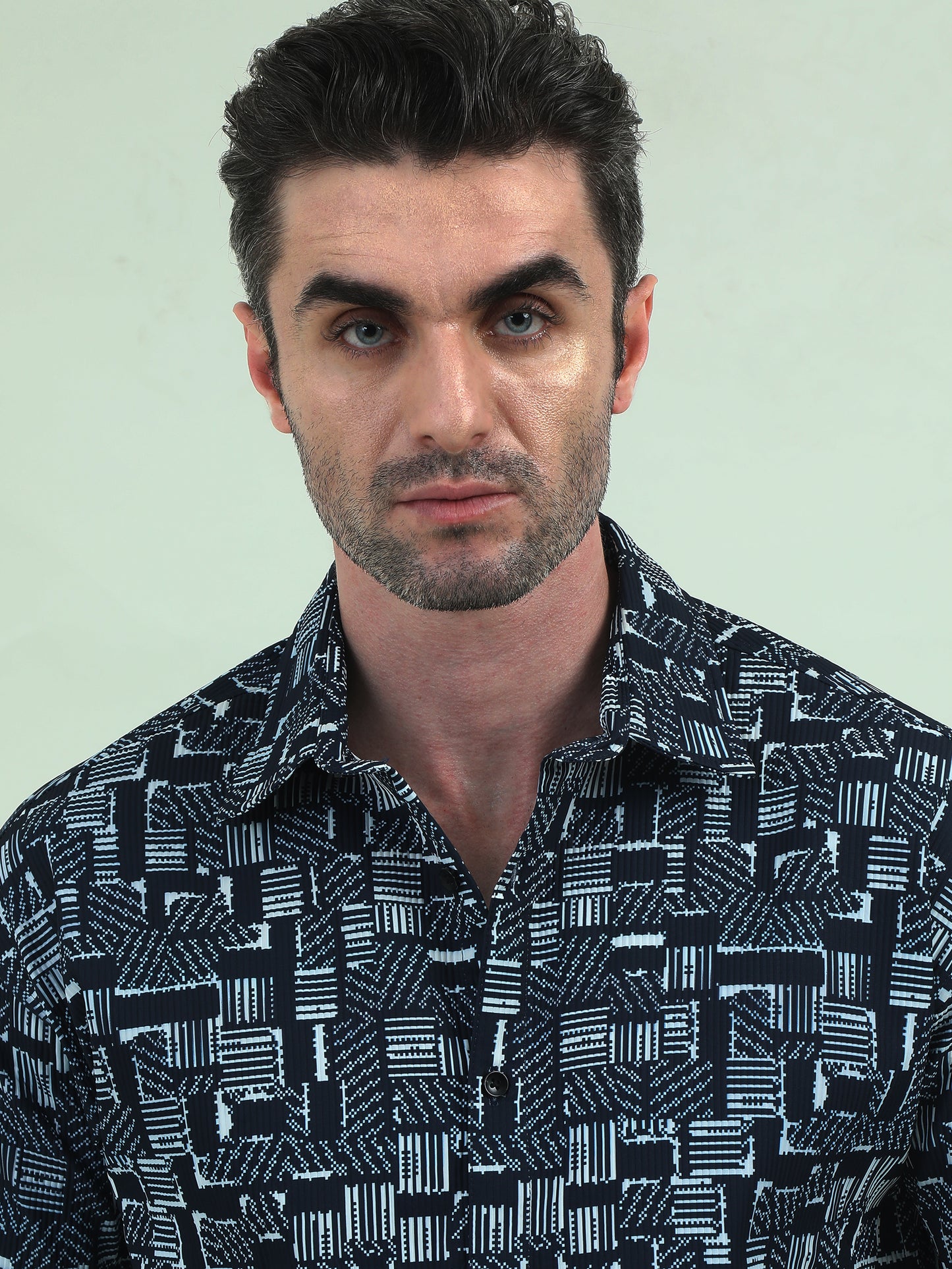Blue Stack 3/4 Sleeve Shirt – Modern Print, Casual Fit & Tailored Details - D&K LUXUR