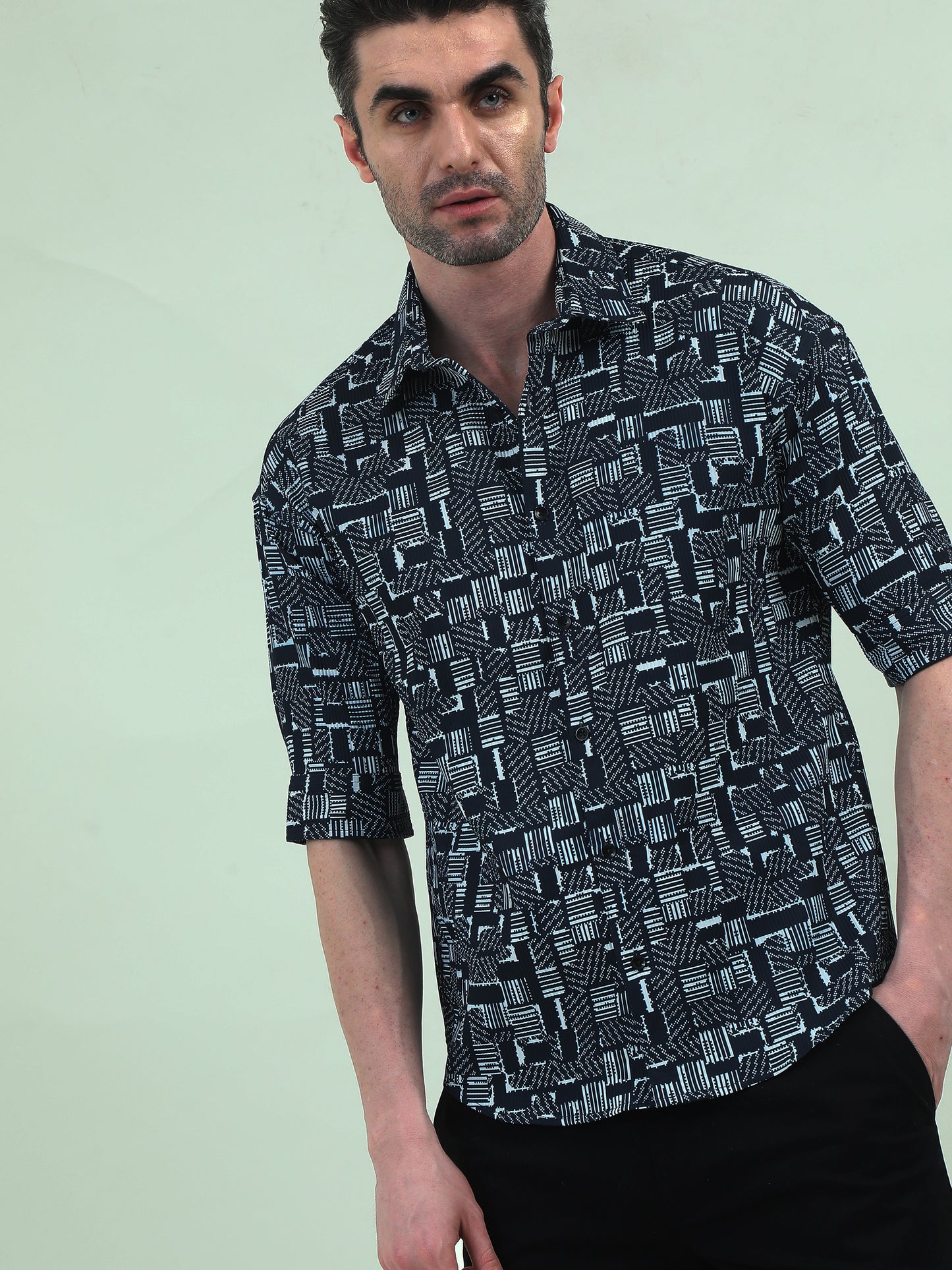 Blue Stack 3/4 Sleeve Shirt – Modern Print, Casual Fit & Tailored Details - D&K LUXUR