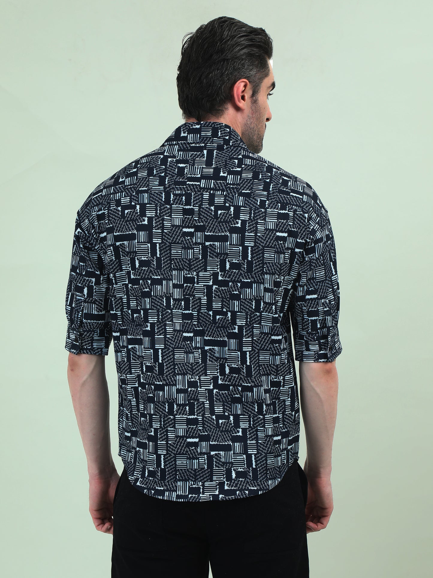 Blue Stack 3/4 Sleeve Shirt – Modern Print, Casual Fit & Tailored Details - D&K LUXUR