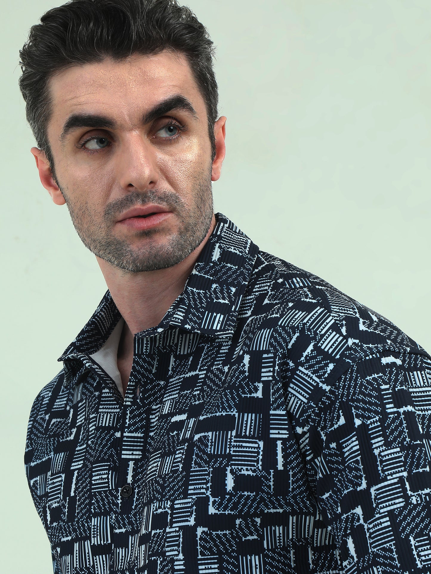 Blue Stack 3/4 Sleeve Shirt – Modern Print, Casual Fit & Tailored Details - D&K LUXUR