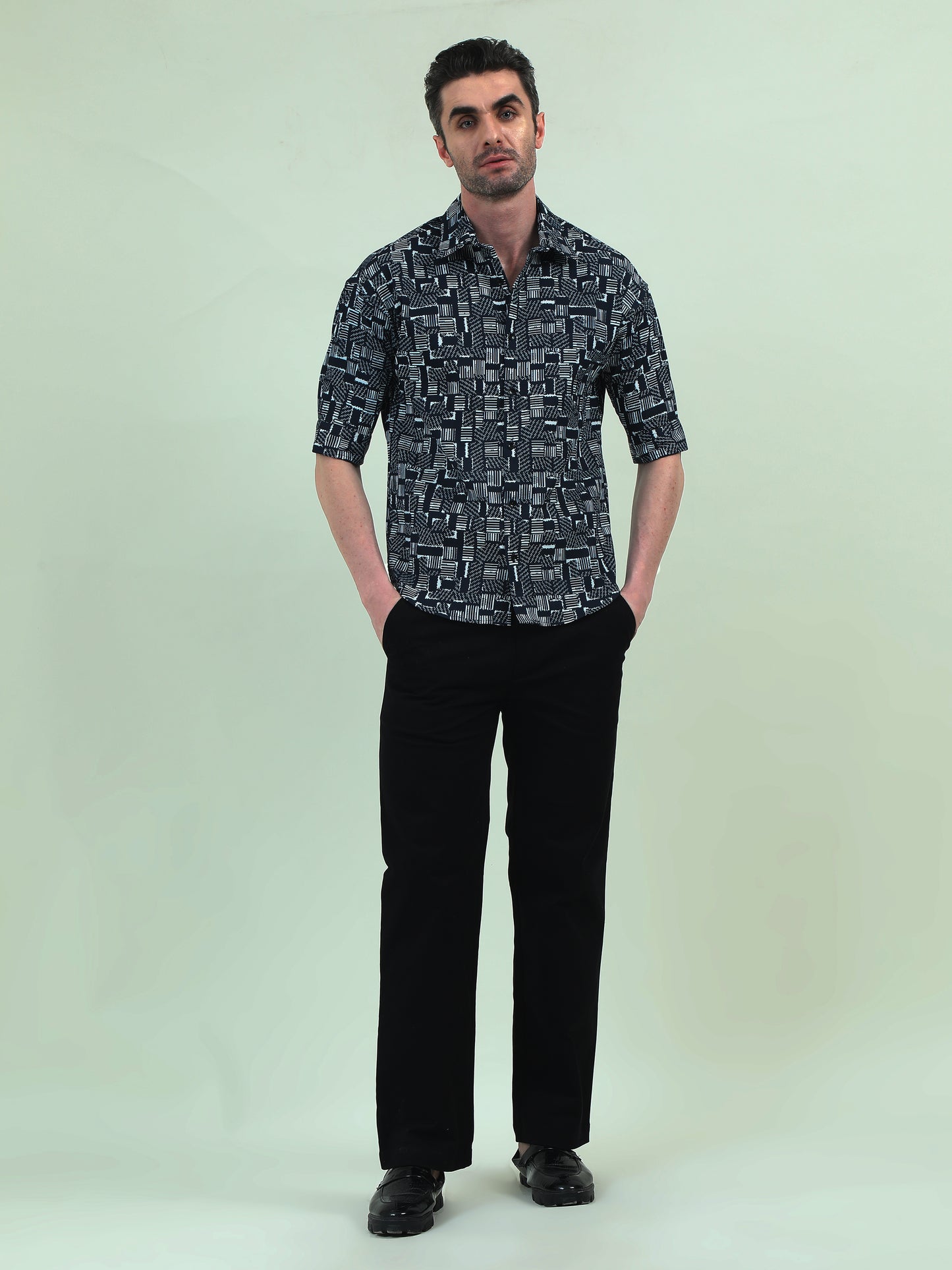 Blue Stack 3/4 Sleeve Shirt – Modern Print, Casual Fit & Tailored Details - D&K LUXUR