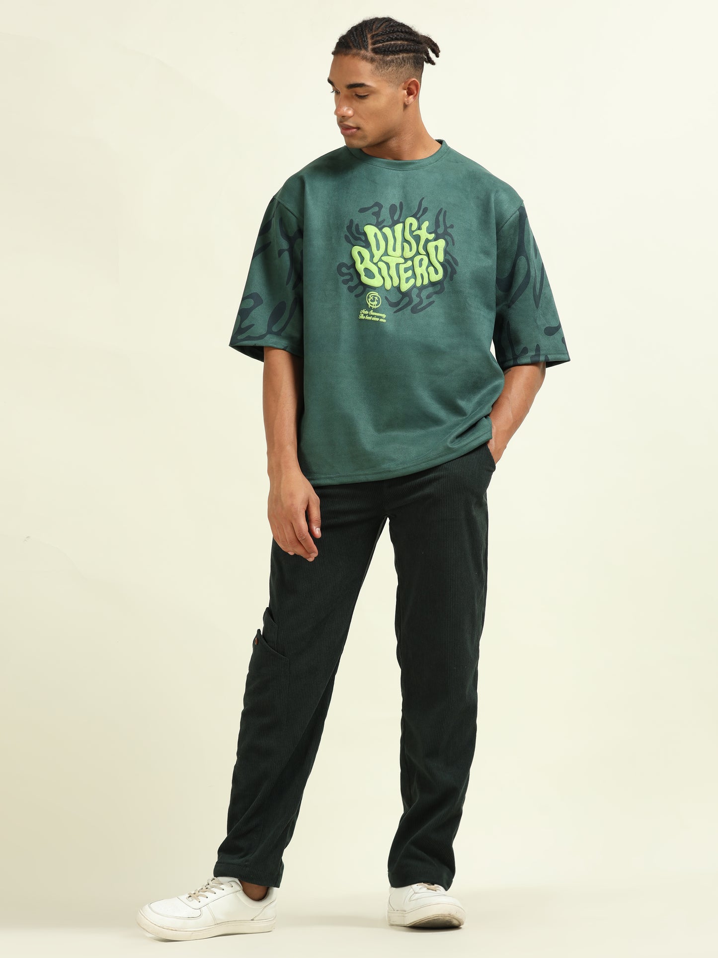 Front view of the Green Puff Print Casual T-shirt featuring a bold Dust Biters graphic