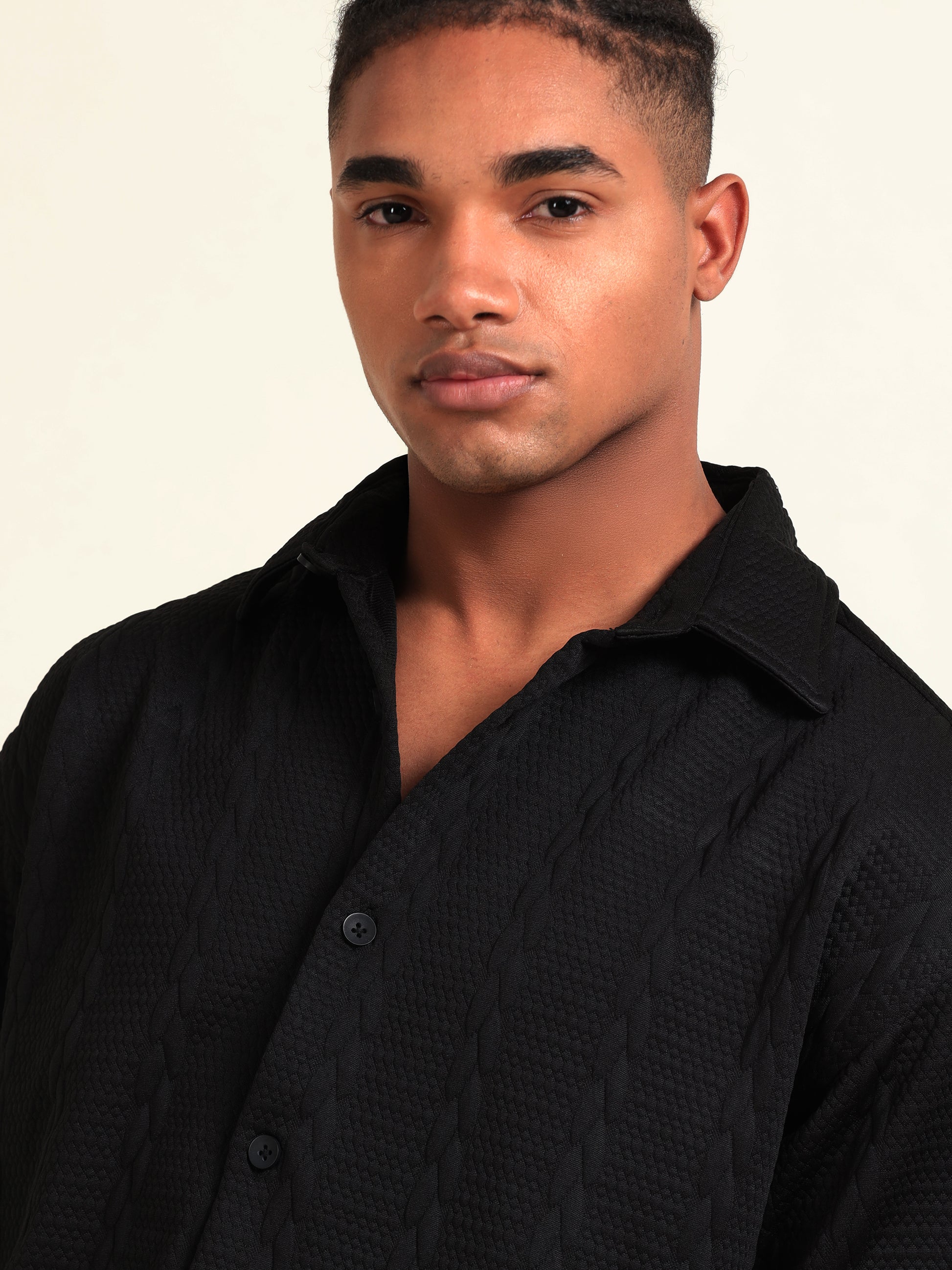 Men’s Black Arabic Stripes Shirt – Casual Fit with Textured Design - D&K LUXUR