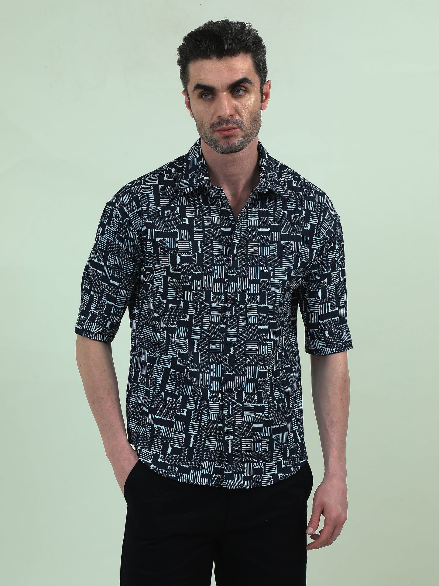 Blue Stack 3/4 Sleeve Shirt – Modern Print, Casual Fit & Tailored Details - D&K LUXUR