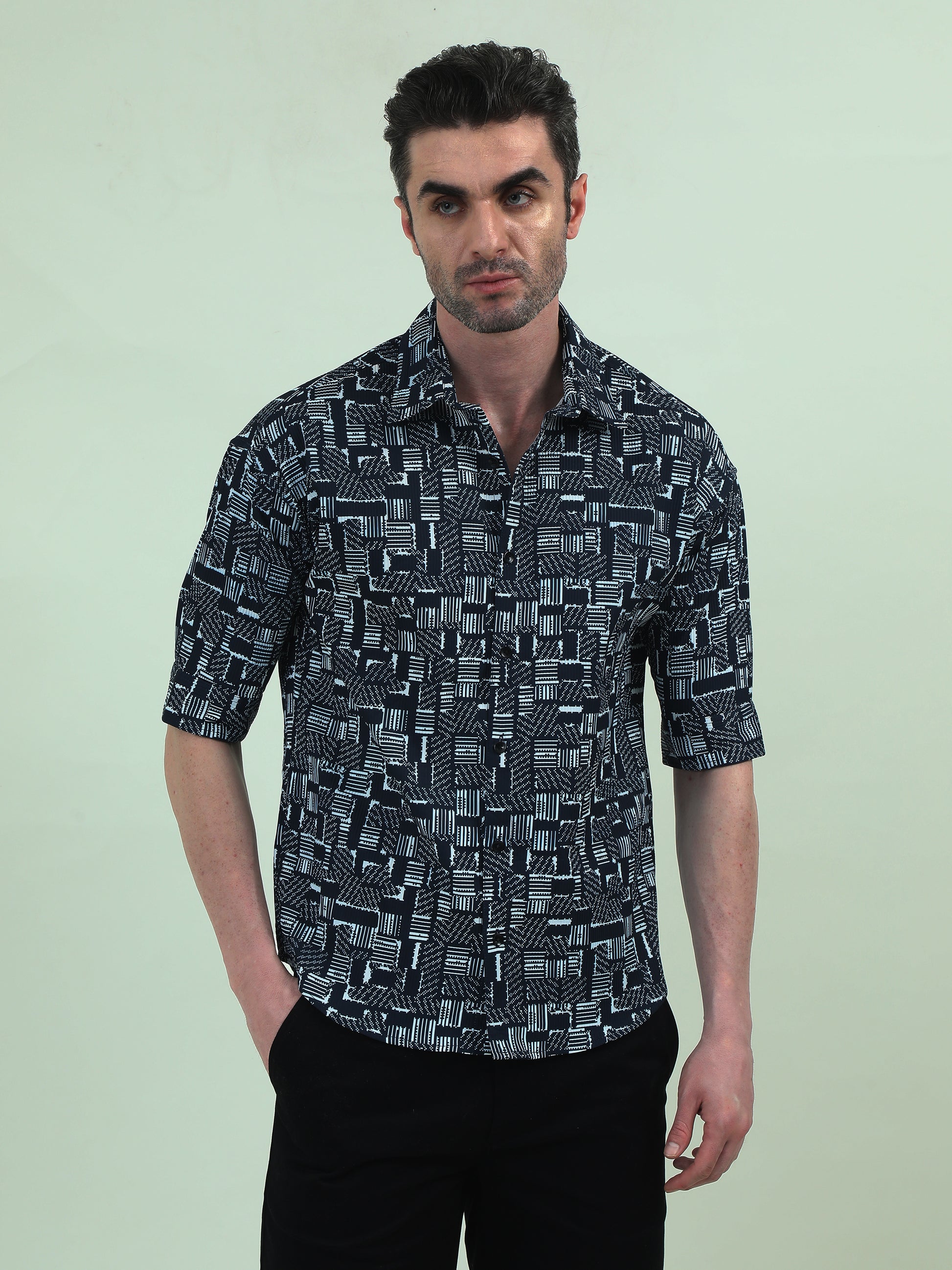 Blue Stack 3/4 Sleeve Shirt – Modern Print, Casual Fit & Tailored Details - D&K LUXUR