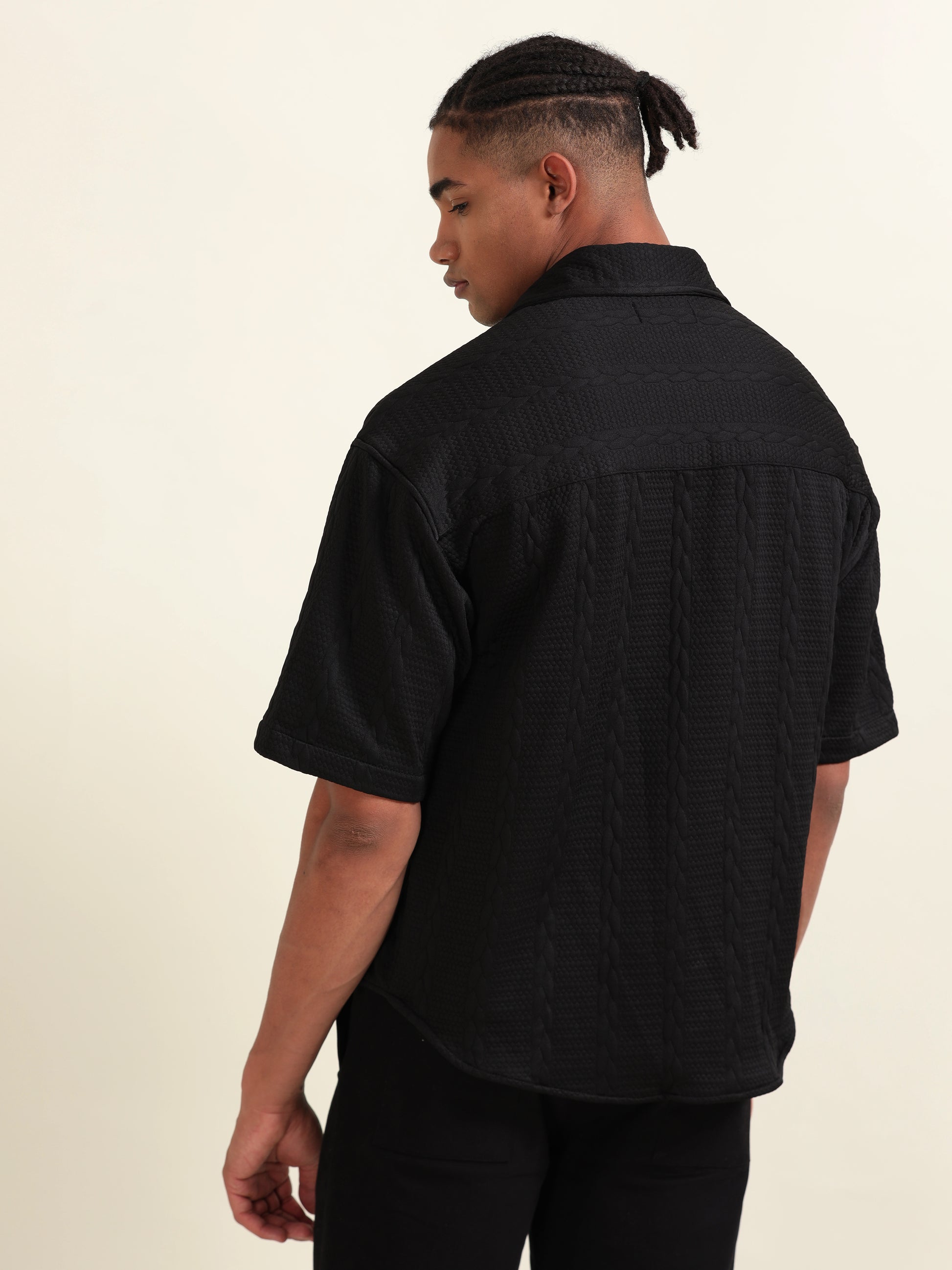 Men’s Black Arabic Stripes Shirt – Casual Fit with Textured Design - D&K LUXUR