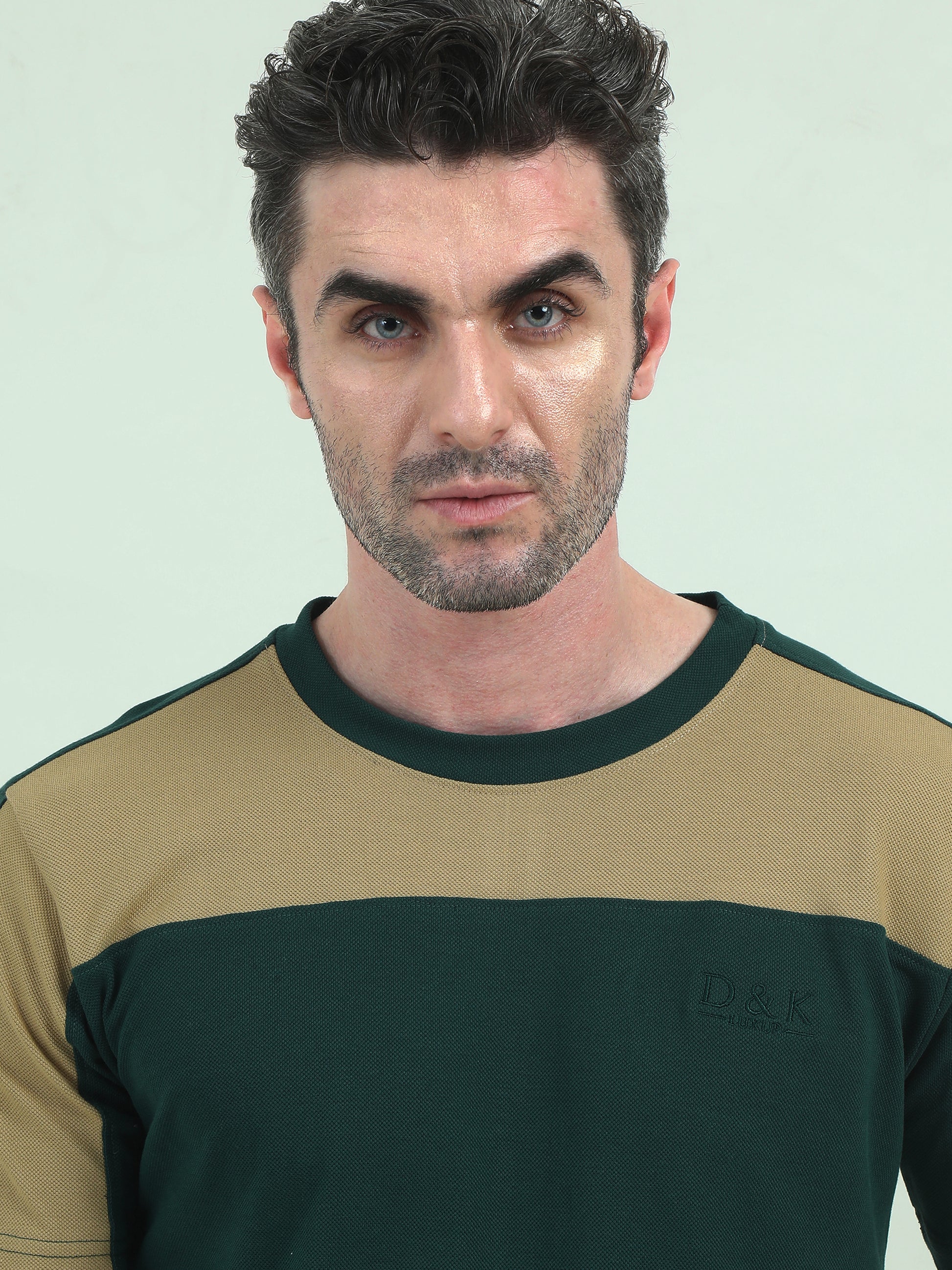 Green Pique Round-Neck T-Shirt – Bold Patchwork, Effortless Comfort - D&K LUXUR
