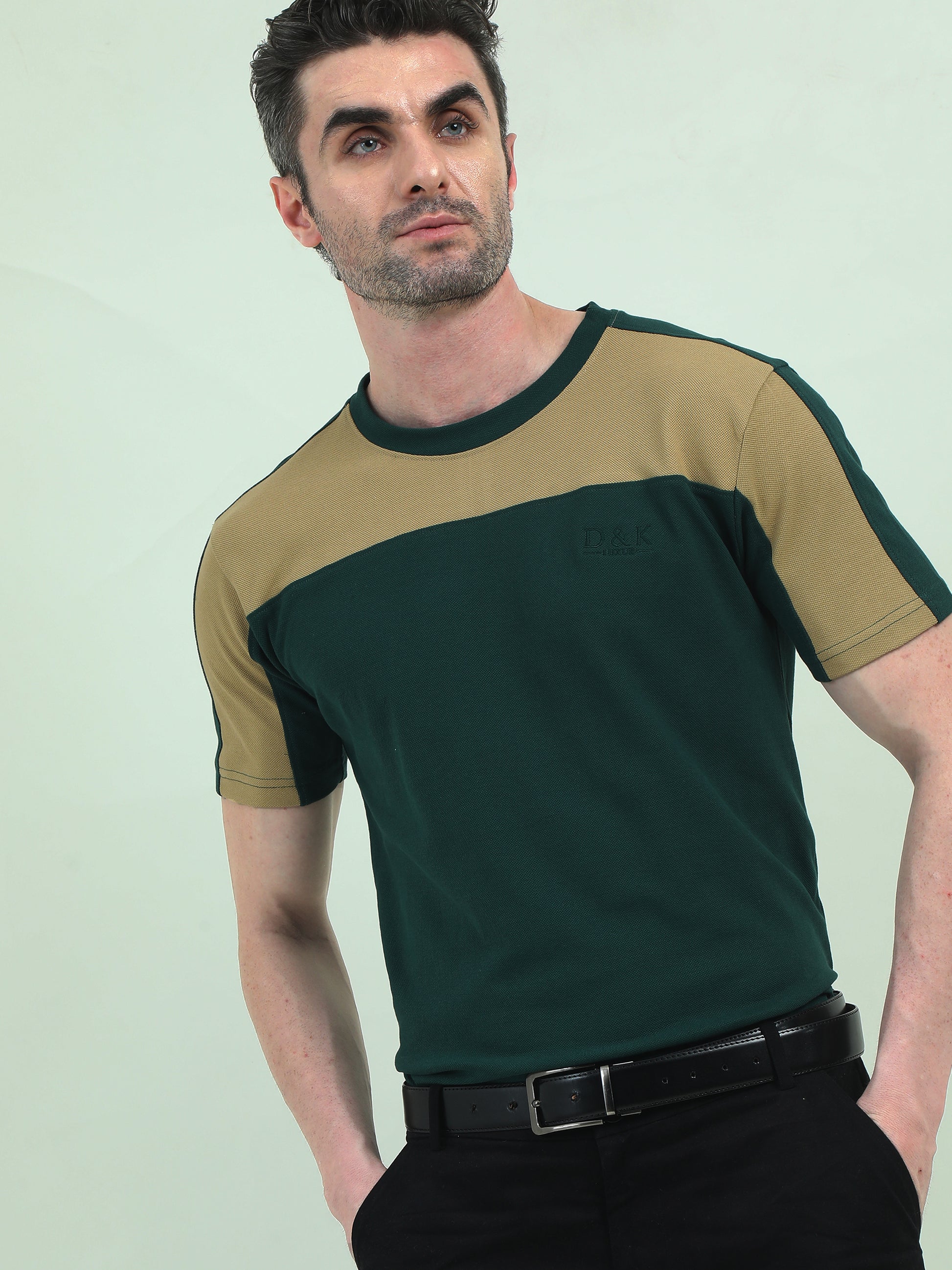 Green Pique Round-Neck T-Shirt – Bold Patchwork, Effortless Comfort - D&K LUXUR
