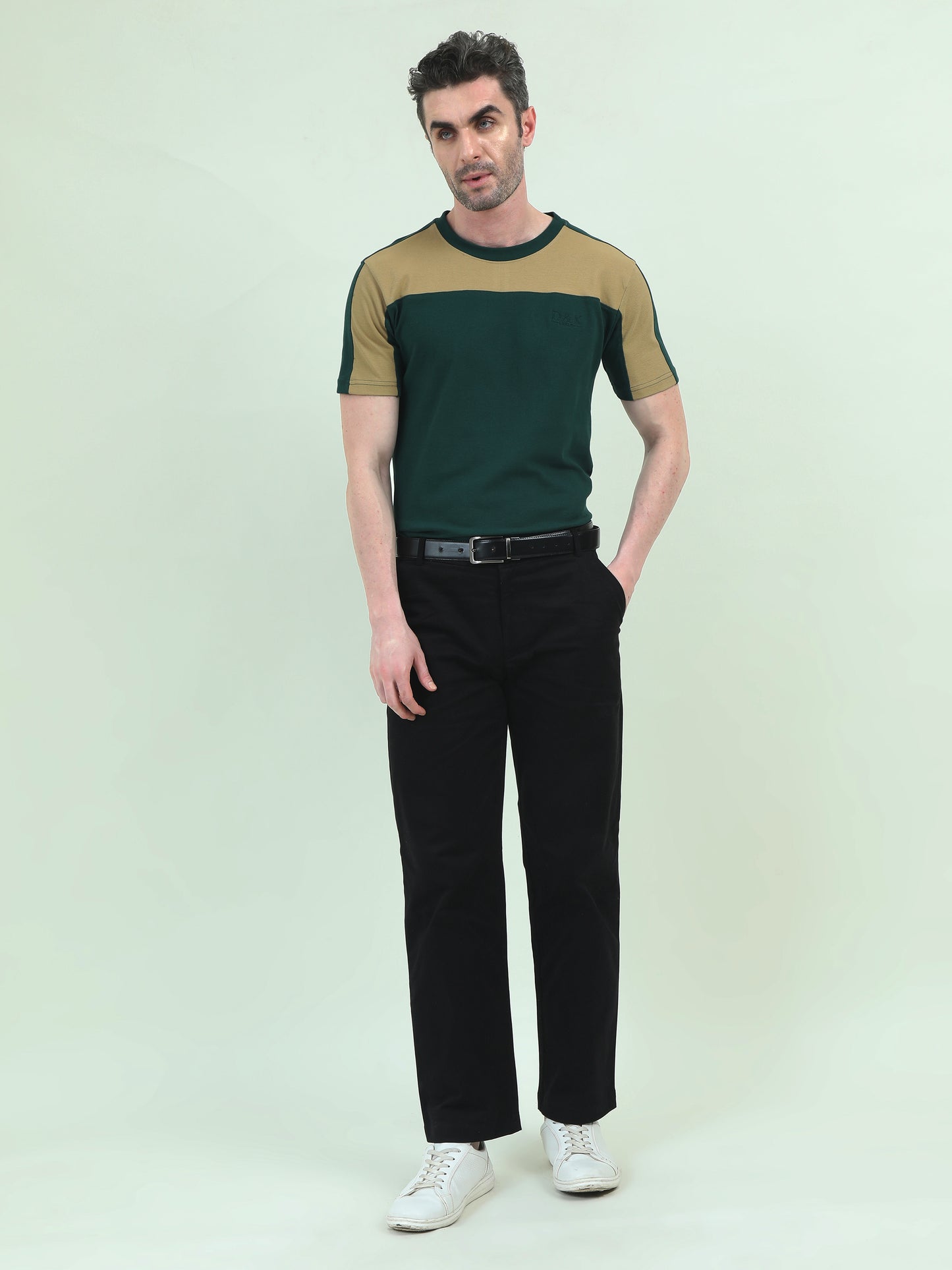 Green Pique Round-Neck T-Shirt – Bold Patchwork, Effortless Comfort - D&K LUXUR