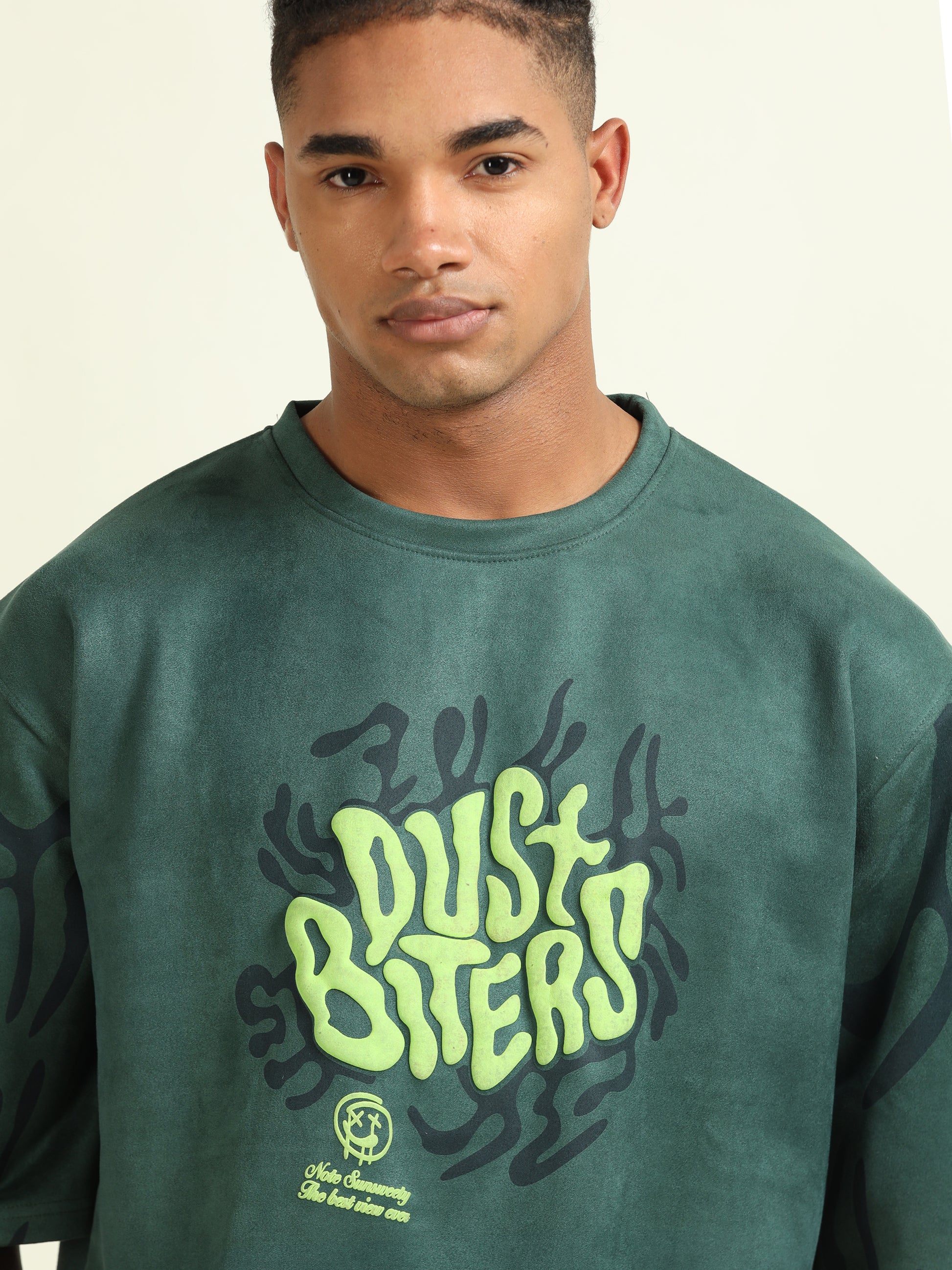 Model wearing the Green Puff Print Casual T-shirt, front-facing pose