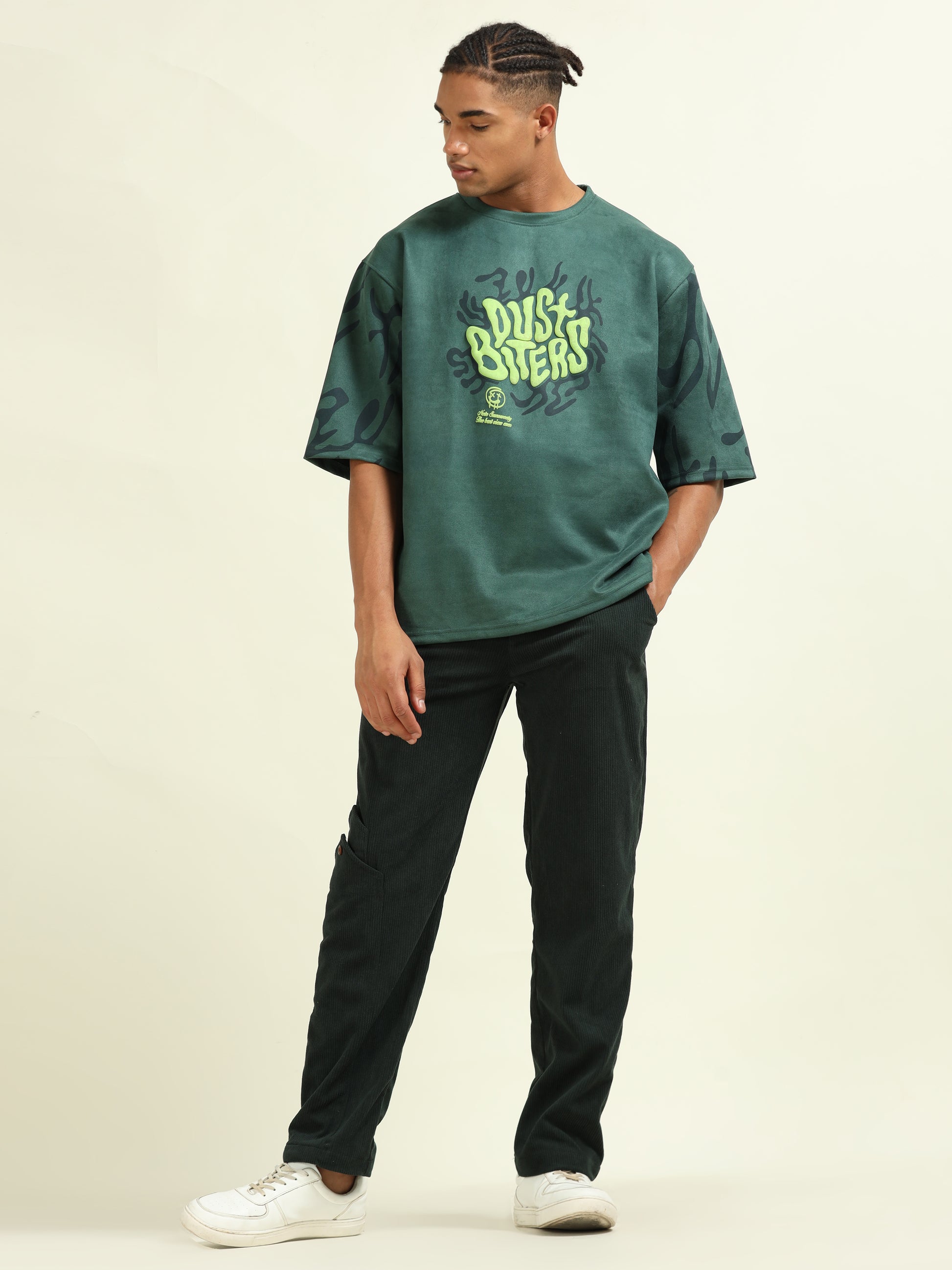 Front view of the Green Puff Print Casual T-shirt featuring a bold Dust Biters graphic