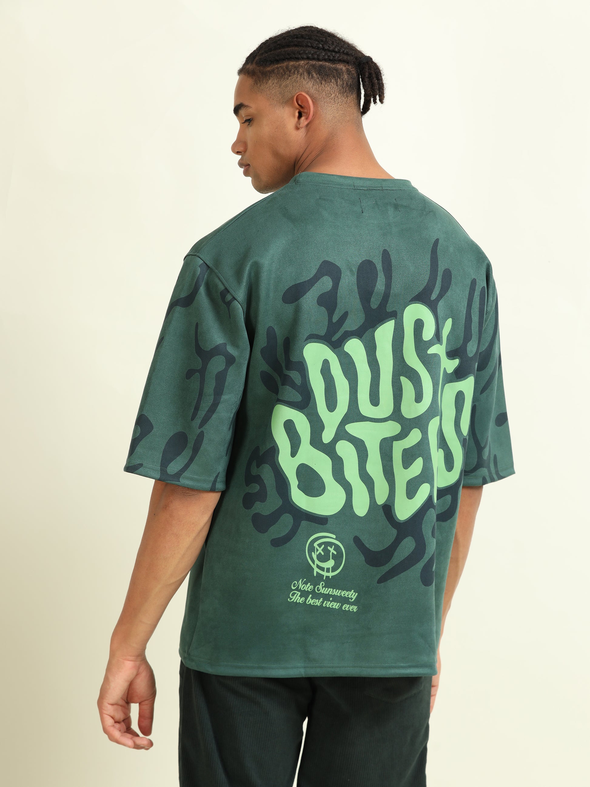 Back view of the Green Puff Print Casual T-shirt showcasing its oversized fit